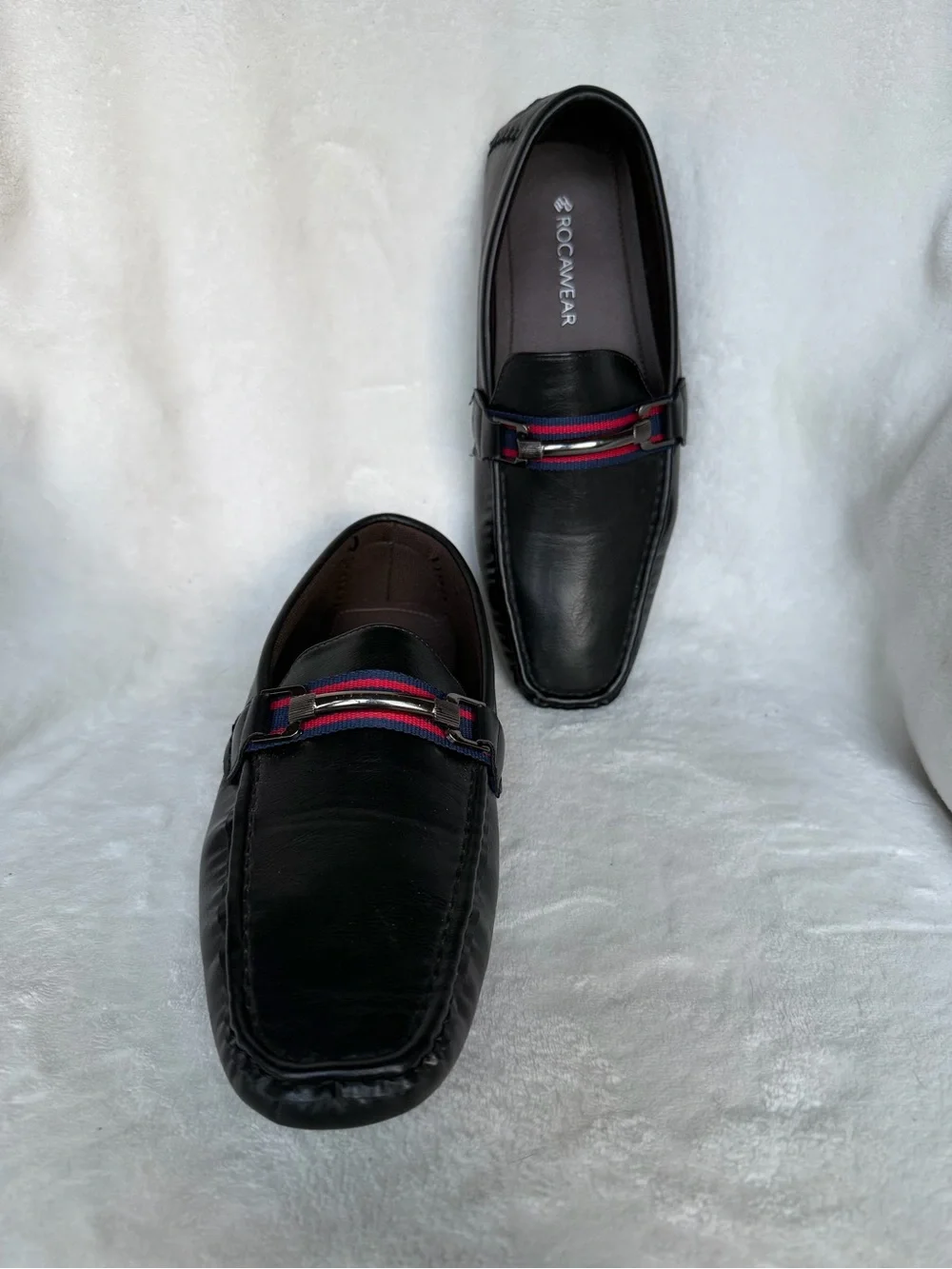 Rocawear Men’s Black Slip-On Driving Loafers with Red-Blue Accent Size 9.5